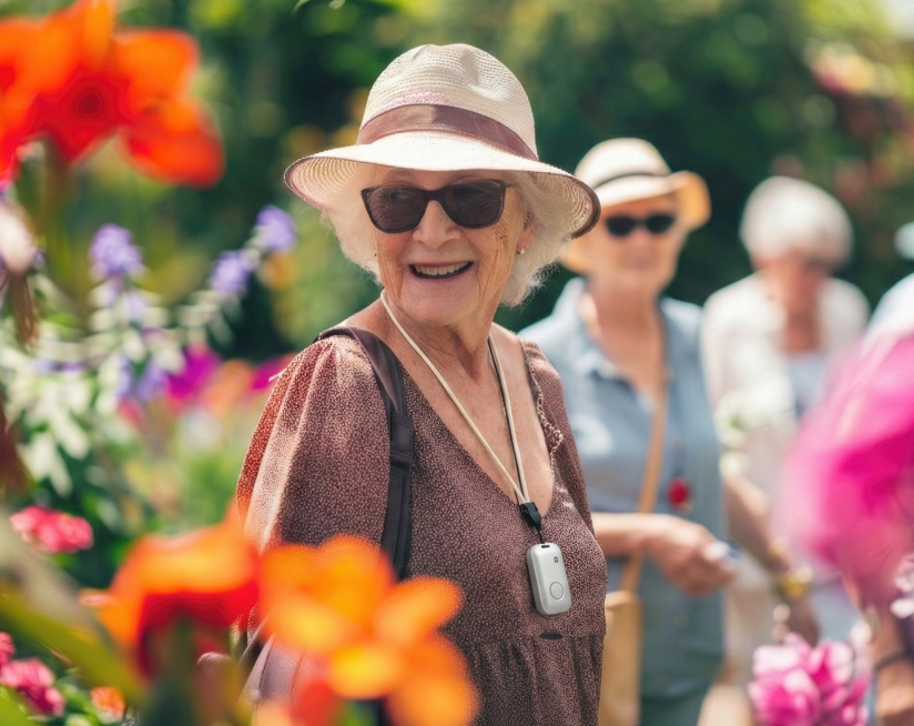 Senior woman at a garden party wearing a MobileHelp Elite